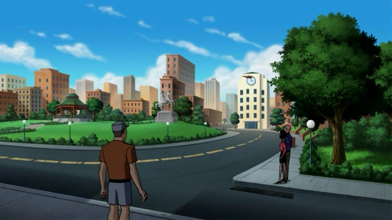 Billy Batson flies over Fawcett City as it appears in Justice League Unlimited.